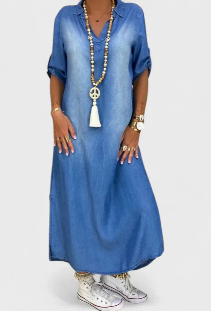 Lea | Abito Lungo in Denim con Spacco Laterale