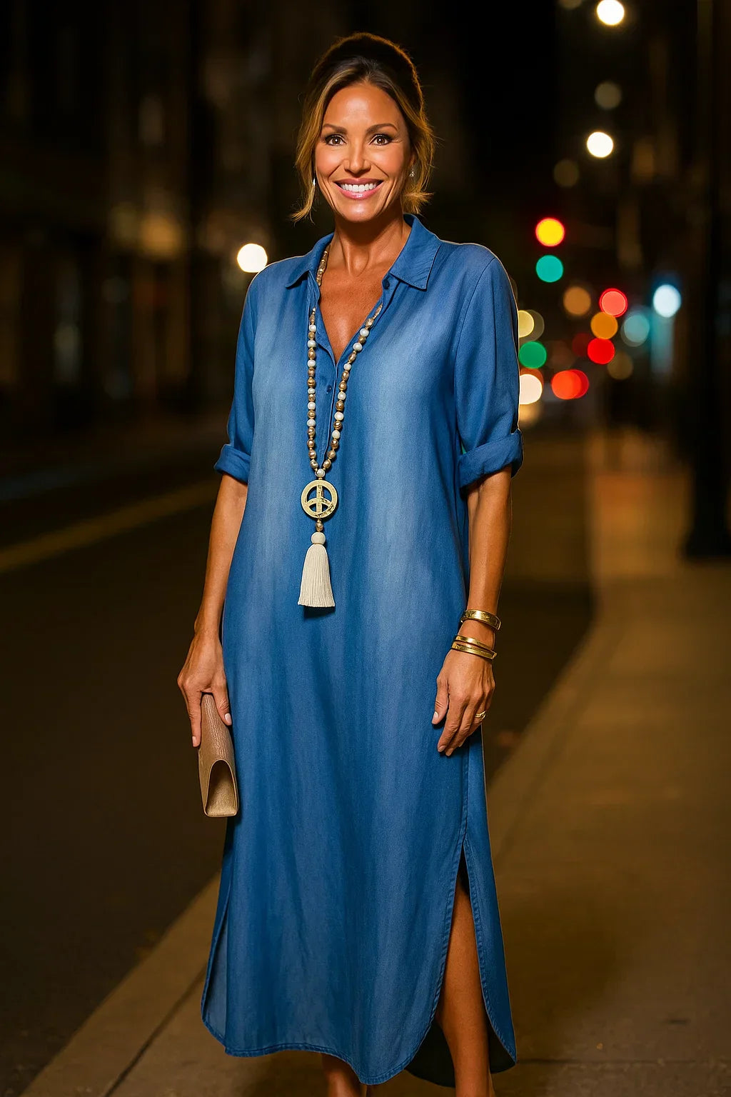 Lea | Abito Lungo in Denim con Spacco Laterale