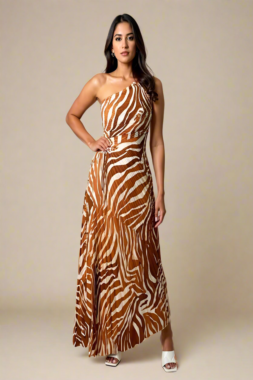 Alva Kjole | Abito plissettato a spalla unica con motivo zebra
