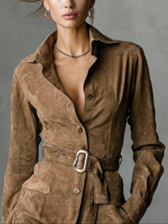 Abito Midi in Camoscio con Rever e Maniche Lunghe