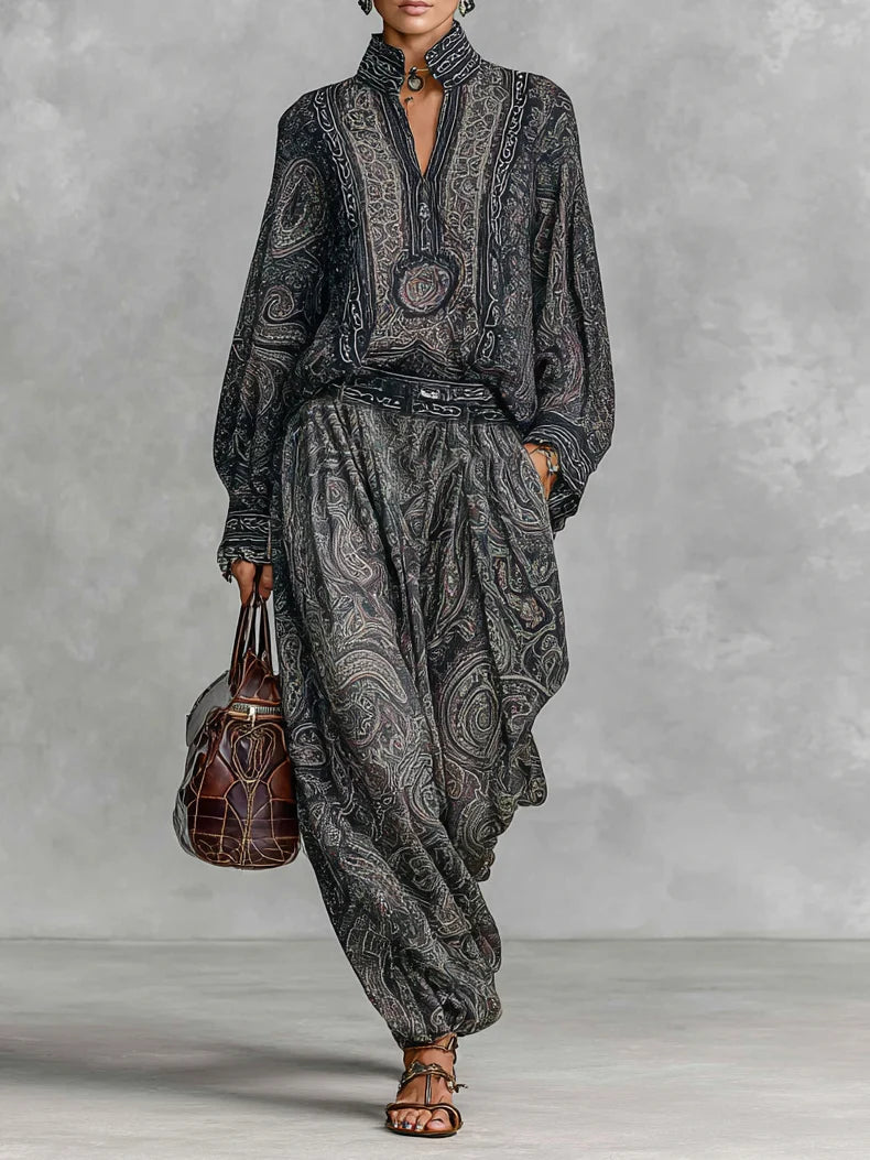 Set da Due Pezzi con Stampa Paisley Vintage: Camicia a Maniche Lunghe e Pantaloni