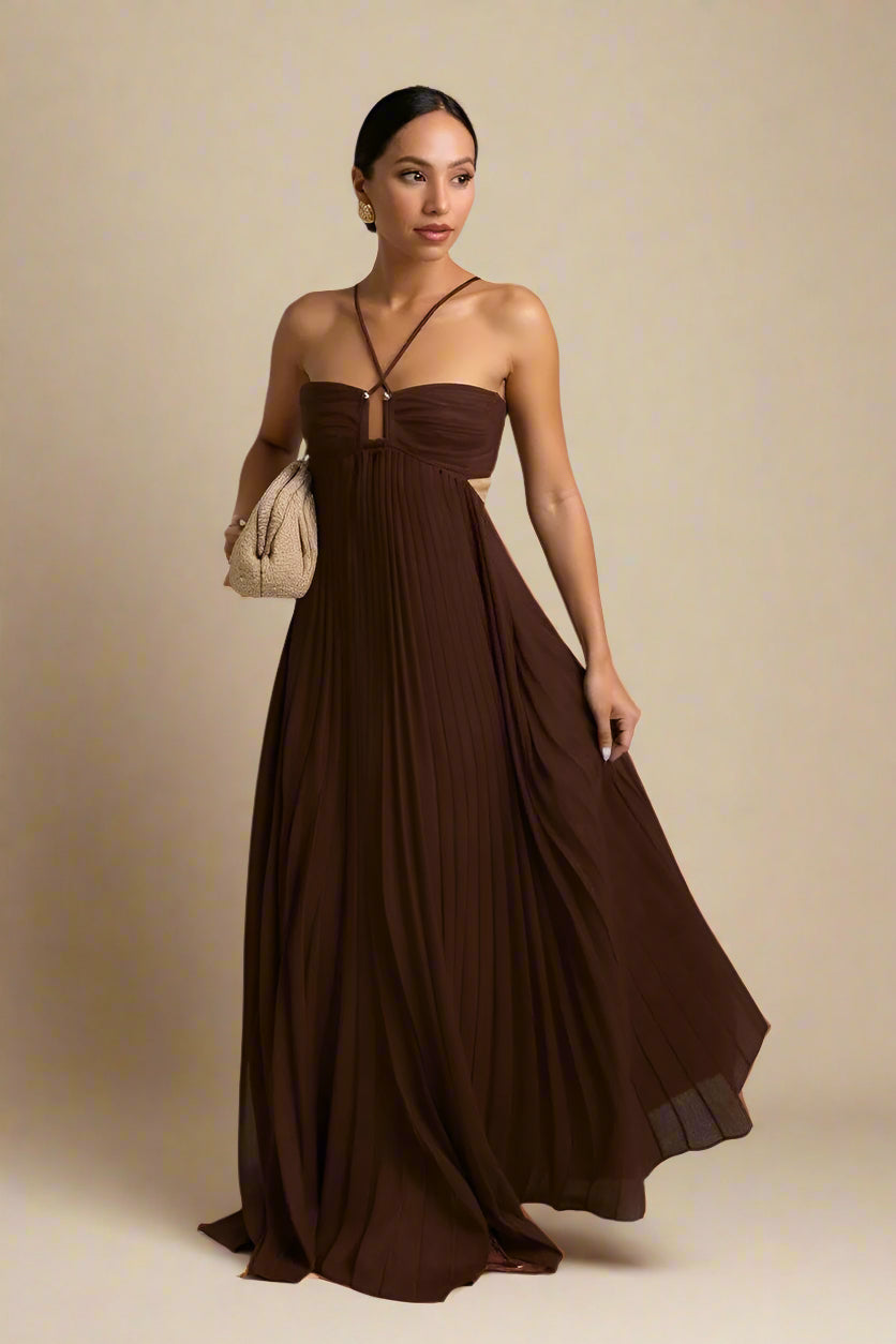 SOFIE ABITO | Lungo abito plissettato con spalline incrociate e busto strutturato