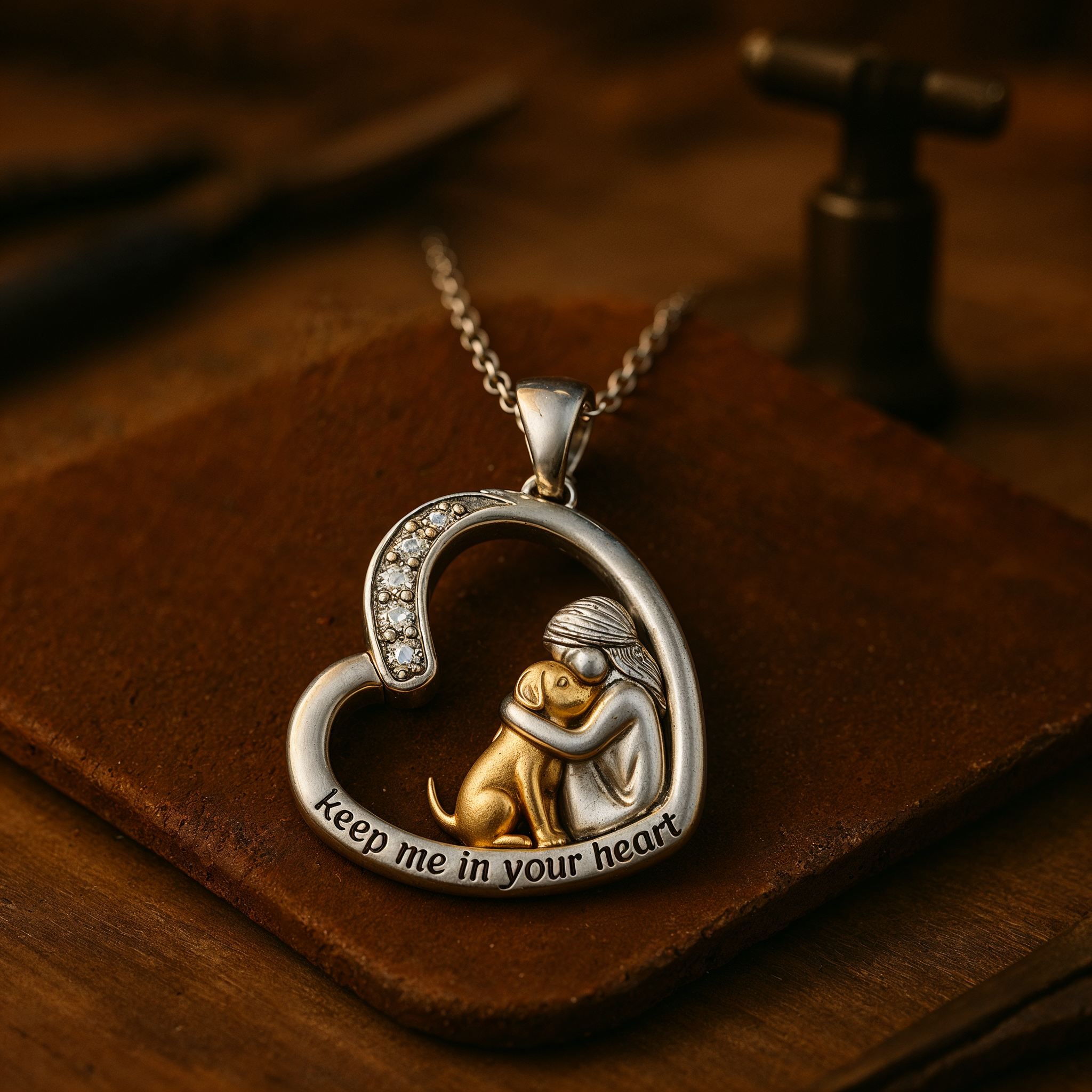 Collana con cuore in argento con cane e pietre di zirconia