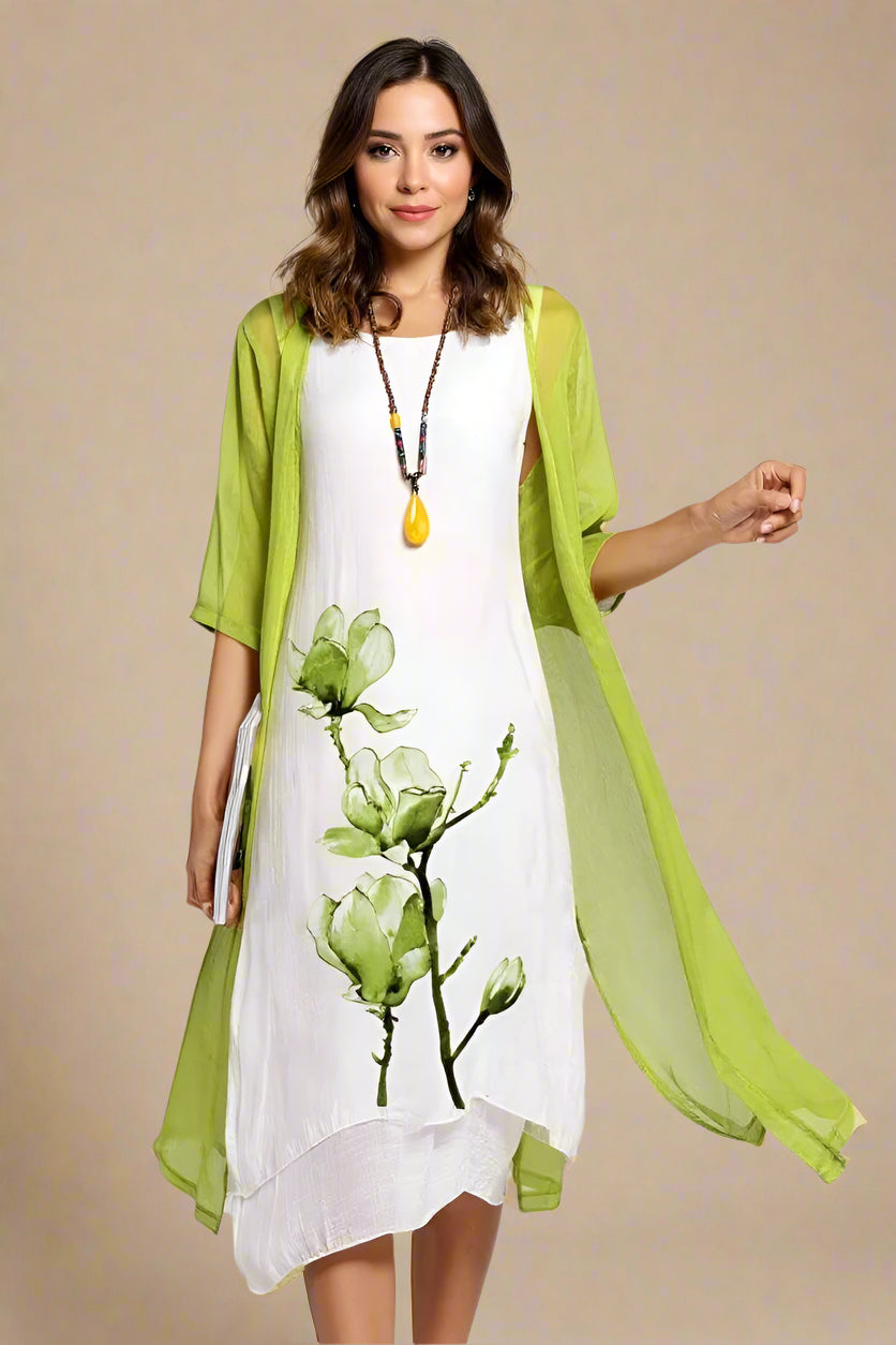 ALBA ABITO SET | Abito e cardigan leggero a strati con stampa floreale